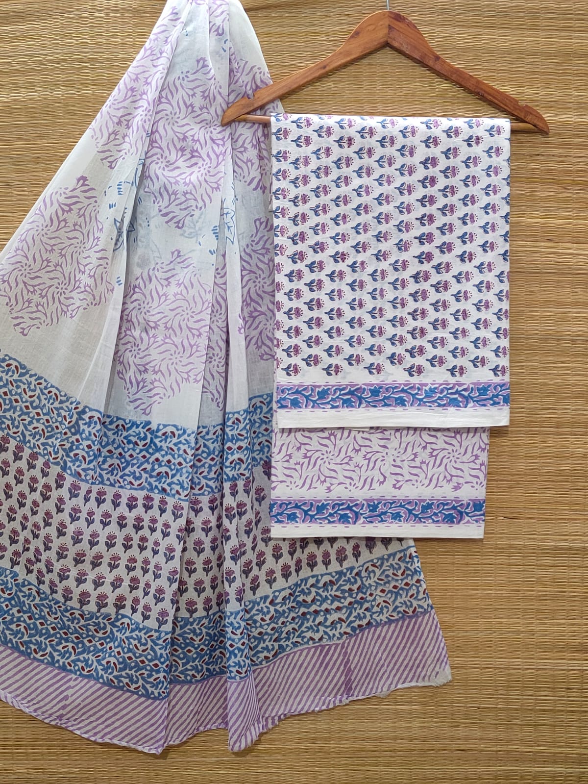 Pure Cotton Hand Block Unstitched Salwar Suit Set With Cotton/Mulmul Dupatta - JBOCM50