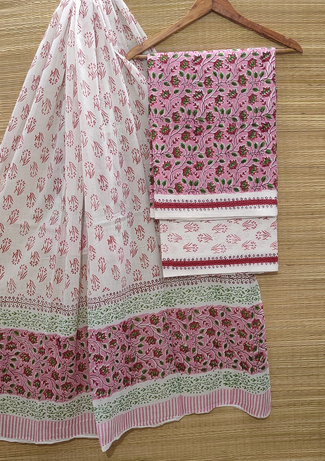 Pure Cotton Hand Block Unstitched Salwar Suit Set With Cotton/Mulmul Dupatta - JBOCM51