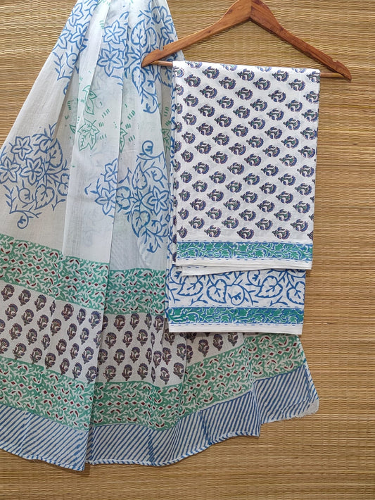 Pure Cotton Hand Block Unstitched Salwar Suit Set With Cotton/Mulmul Dupatta - JBOCM52
