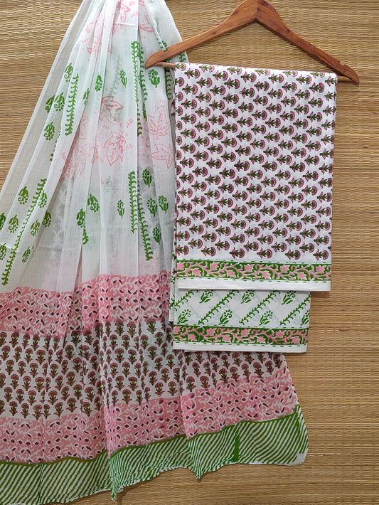 Pure Cotton Hand Block Unstitched Salwar Suit Set With Cotton/Mulmul Dupatta - JBOCM53
