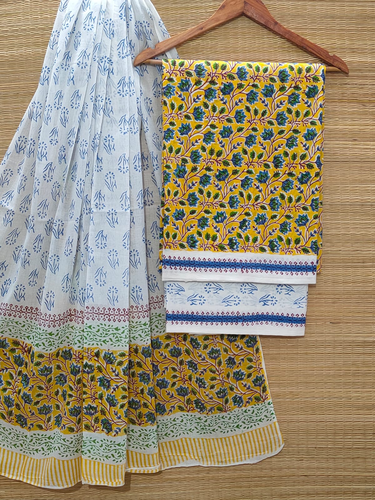 Pure Cotton Hand Block Unstitched Salwar Suit Set With Cotton/Mulmul Dupatta - JBOCM54