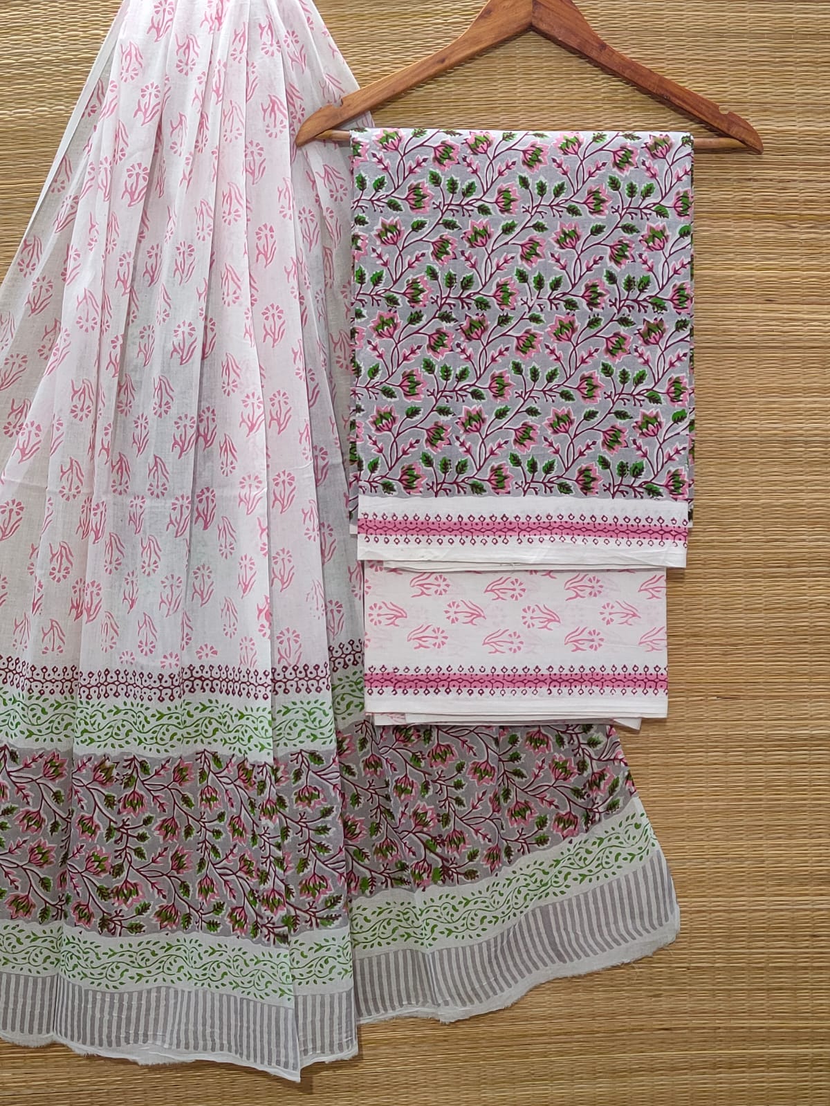 Pure Cotton Hand Block Unstitched Salwar Suit Set With Cotton/Mulmul Dupatta - JBOCM55