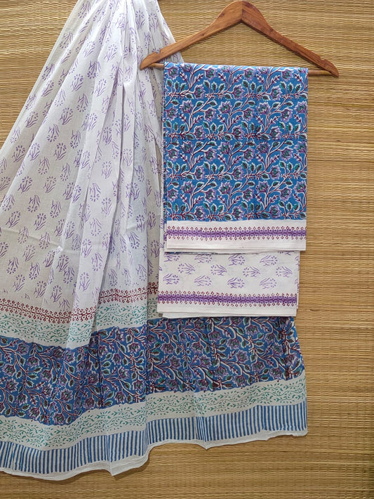 Pure Cotton Hand Block Unstitched Salwar Suit Set With Cotton/Mulmul Dupatta - JBOCM56