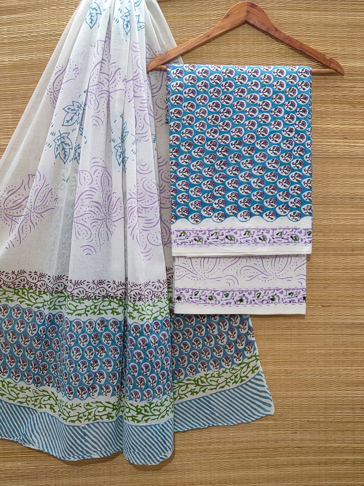Pure Cotton Hand Block Unstitched Salwar Suit Set With Cotton/Mulmul Dupatta - JBOCM58