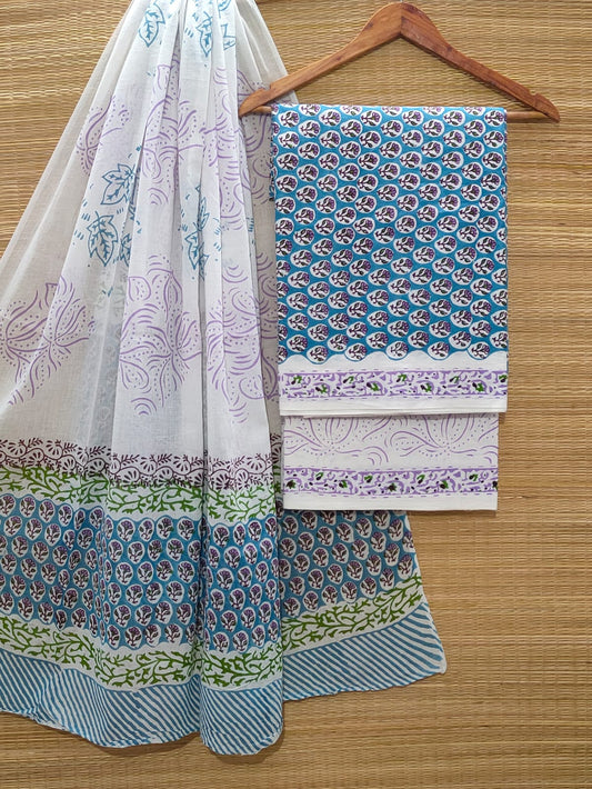 Pure Cotton Hand Block Unstitched Salwar Suit Set With Cotton/Mulmul Dupatta - JBOCM58