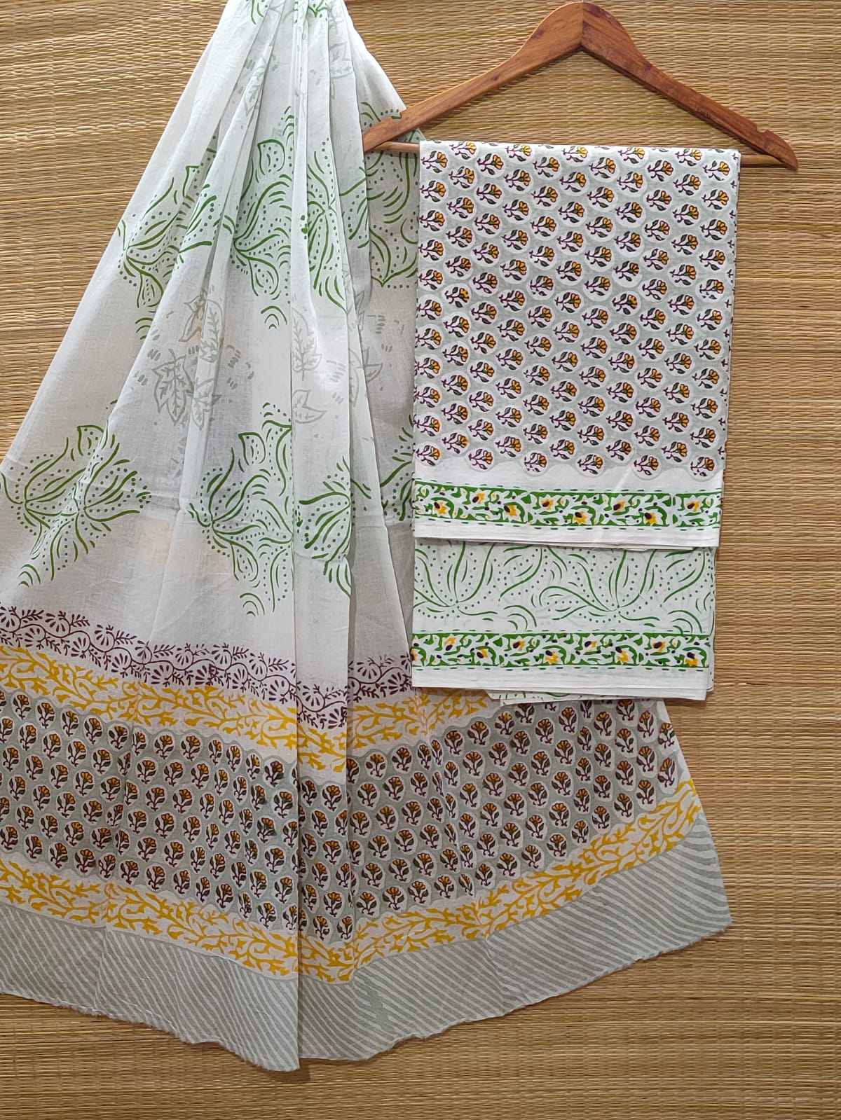 Pure Cotton Hand Block Unstitched Salwar Suit Set With Cotton/Mulmul Dupatta - JBOCM59