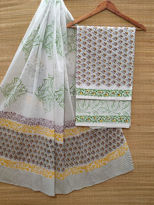 Pure Cotton Hand Block Unstitched Salwar Suit Set With Cotton/Mulmul Dupatta - JBOCM59