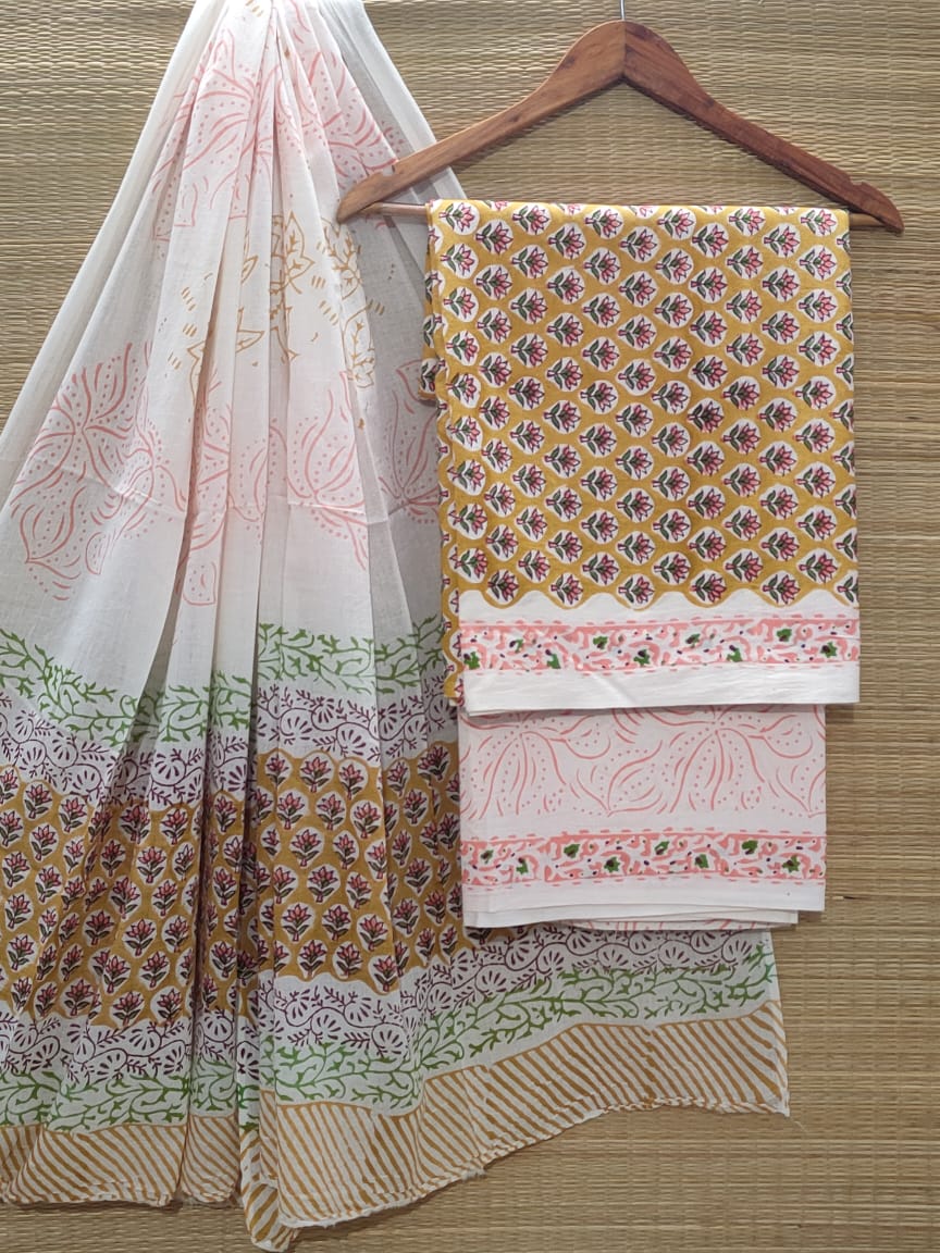 Pure Cotton Hand Block Unstitched Salwar Suit Set With Cotton/Mulmul Dupatta - JBOCM6