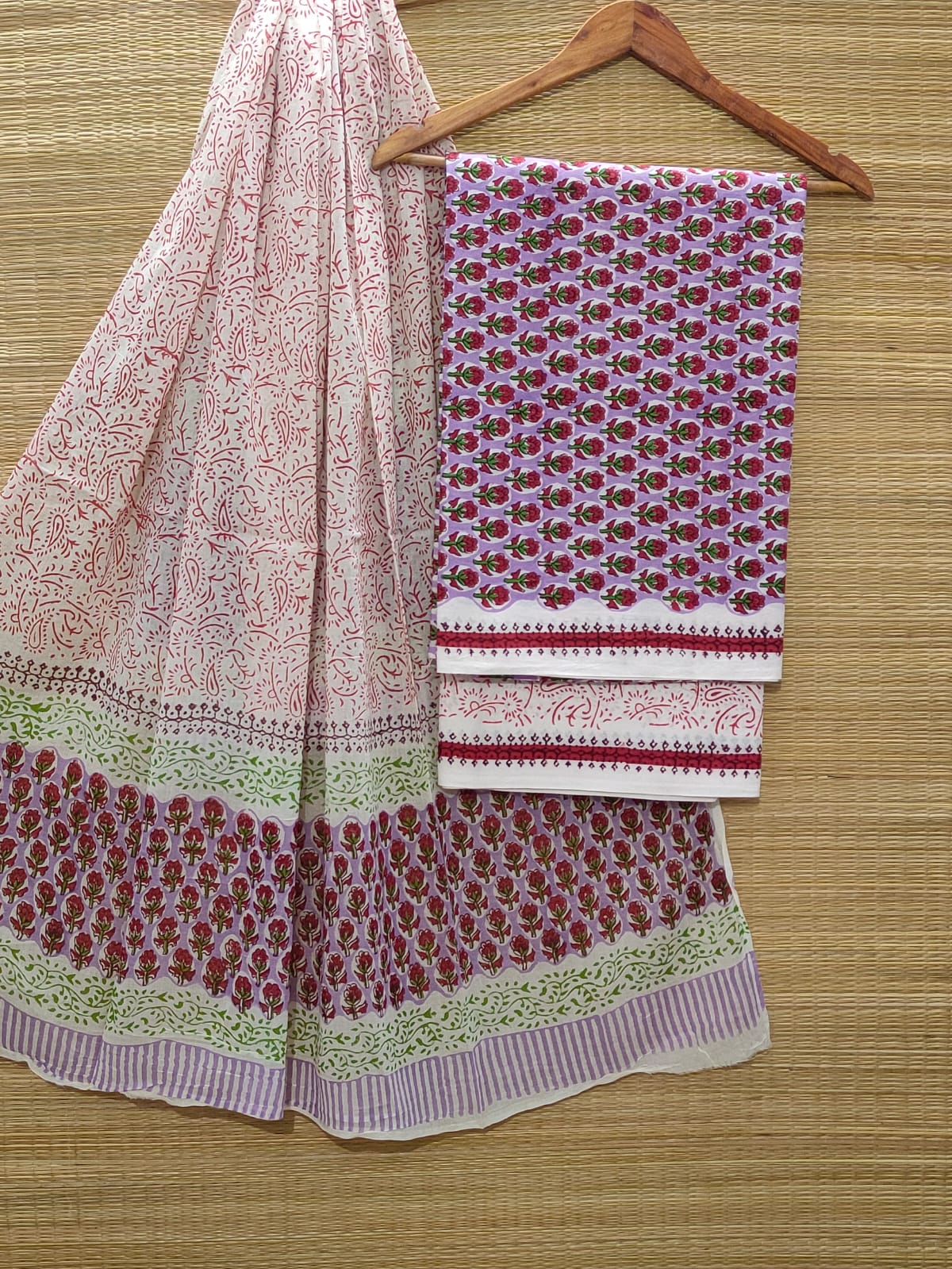 Pure Cotton Hand Block Unstitched Salwar Suit Set With Cotton/Mulmul Dupatta - JBOCM60