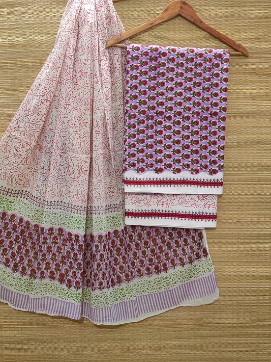 Pure Cotton Hand Block Unstitched Salwar Suit Set With Cotton/Mulmul Dupatta - JBOCM60