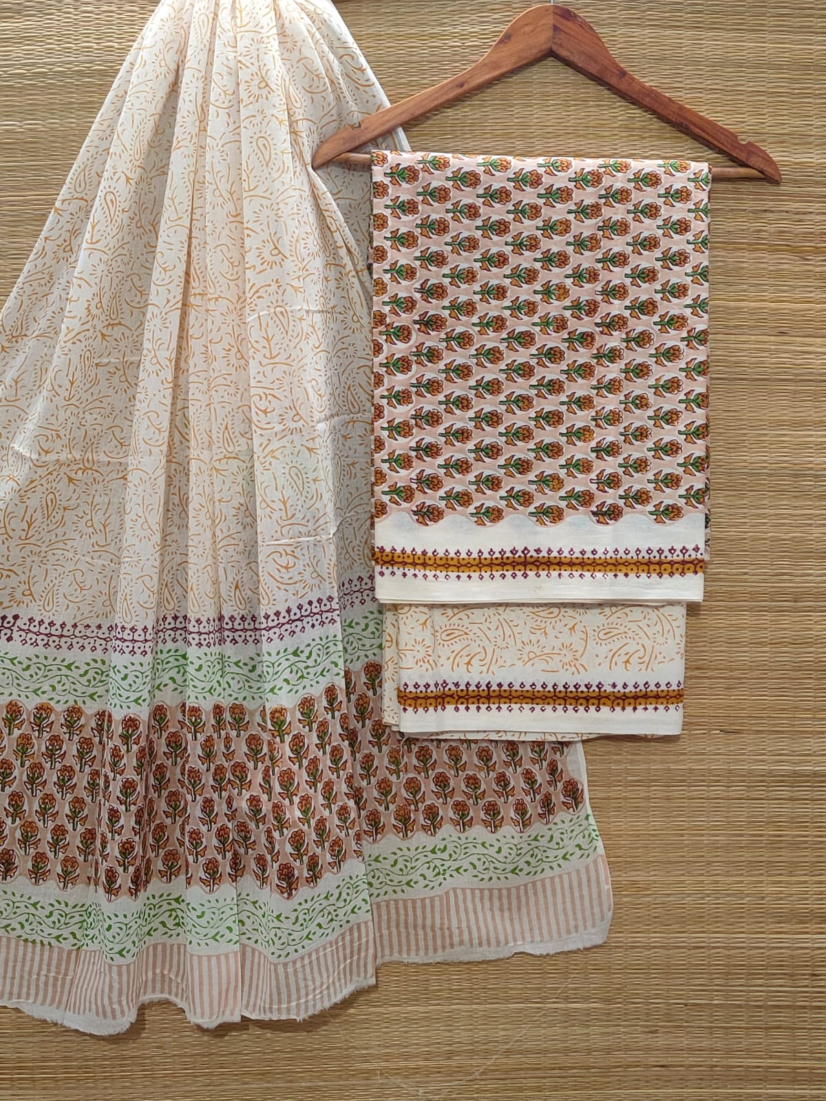 Pure Cotton Hand Block Unstitched Salwar Suit Set With Cotton/Mulmul Dupatta - JBOCM61