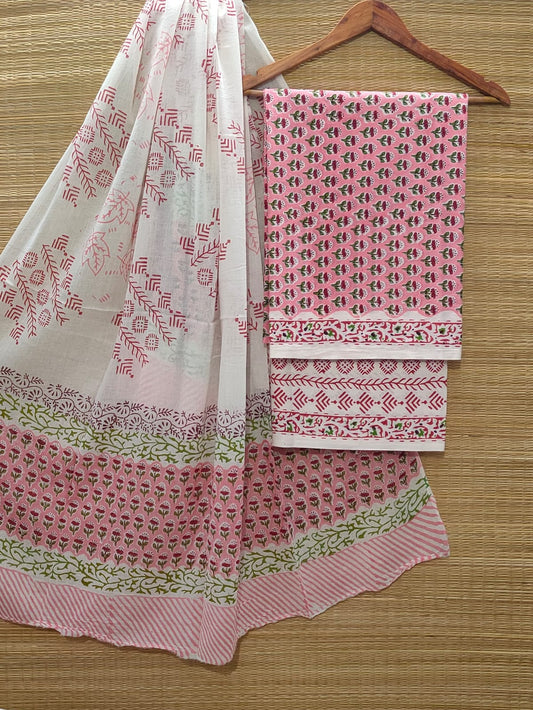 Pure Cotton Hand Block Unstitched Salwar Suit Set With Cotton/Mulmul Dupatta - JBOCM62