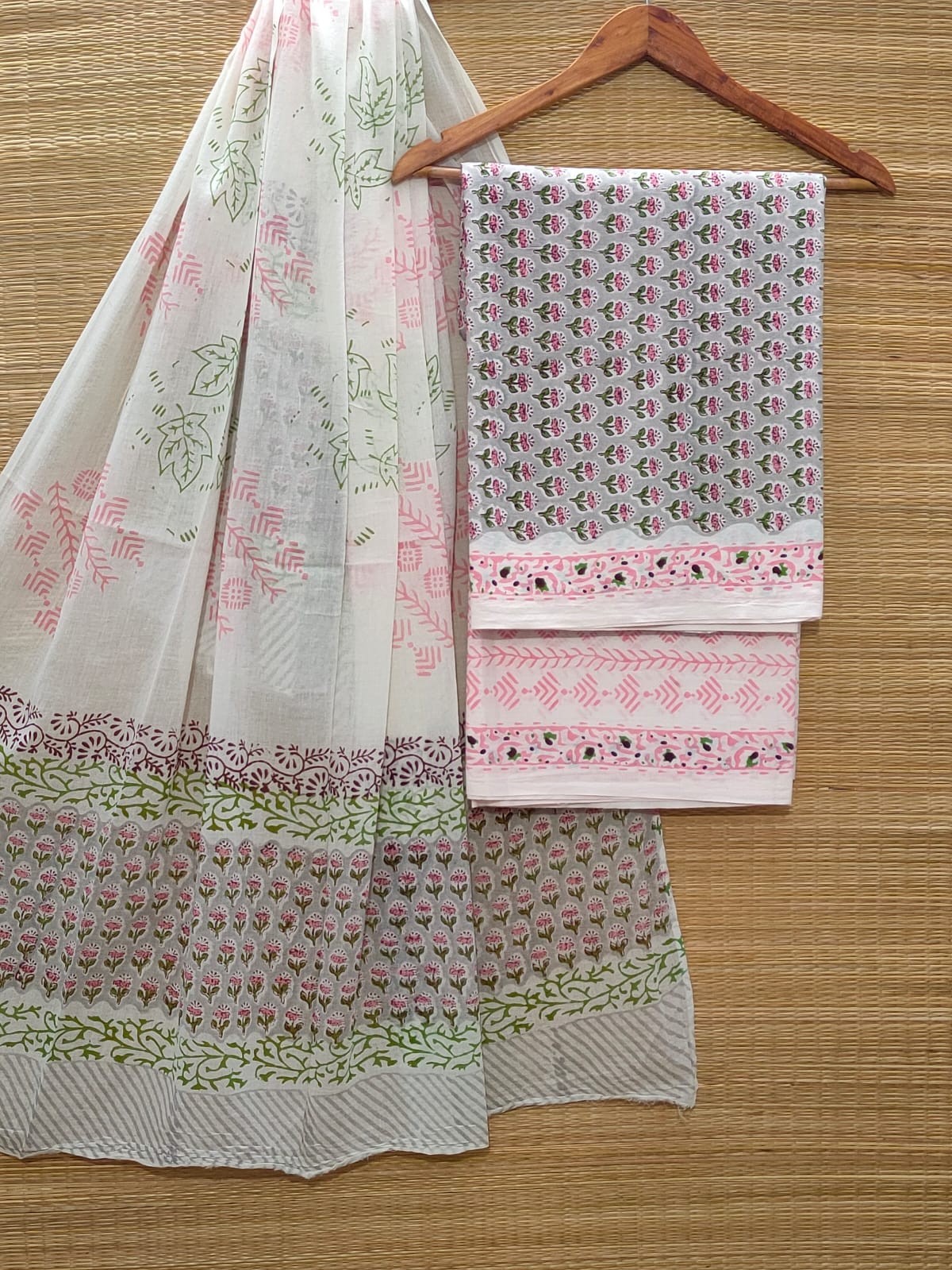 Pure Cotton Hand Block Unstitched Salwar Suit Set With Cotton/Mulmul Dupatta - JBOCM63