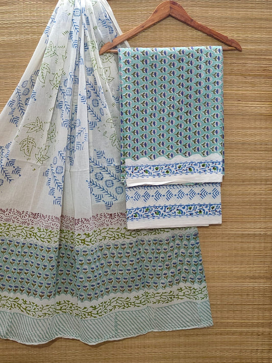 Pure Cotton Hand Block Unstitched Salwar Suit Set With Cotton/Mulmul Dupatta - JBOCM64