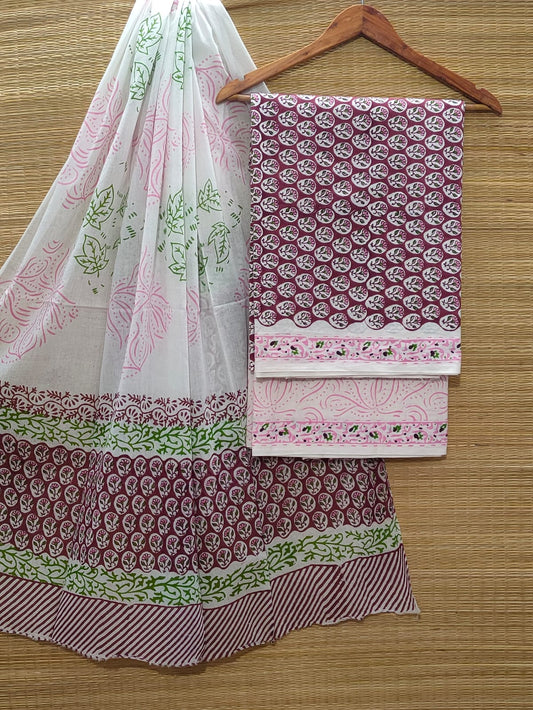 Pure Cotton Hand Block Unstitched Salwar Suit Set With Cotton/Mulmul Dupatta - JBOCM65