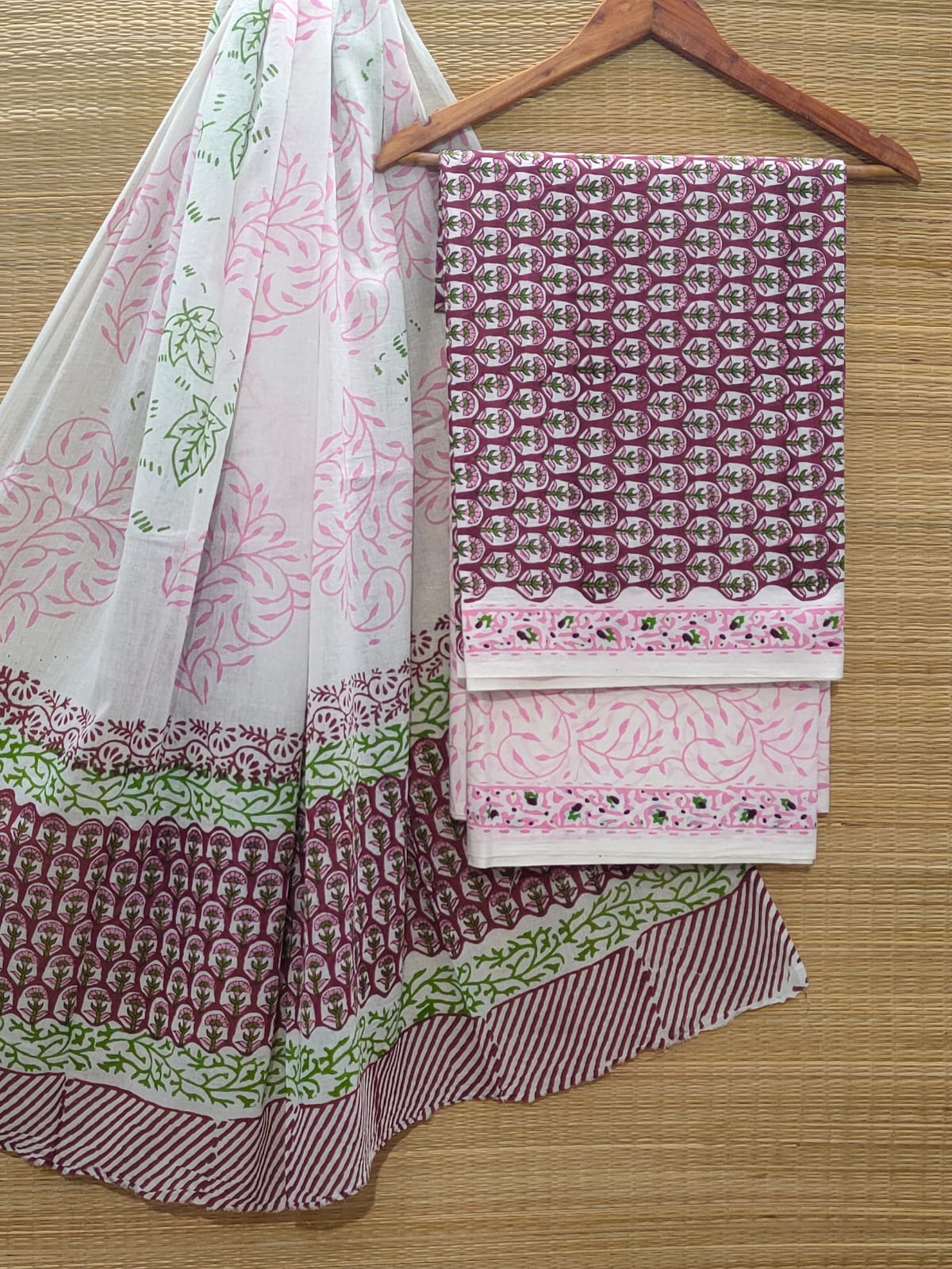 Pure Cotton Hand Block Unstitched Salwar Suit Set With Cotton/Mulmul Dupatta - JBOCM66