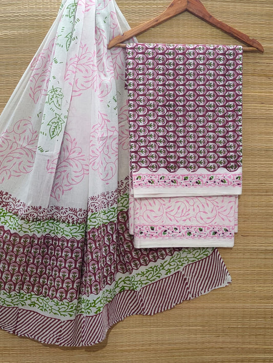 Pure Cotton Hand Block Unstitched Salwar Suit Set With Cotton/Mulmul Dupatta - JBOCM66