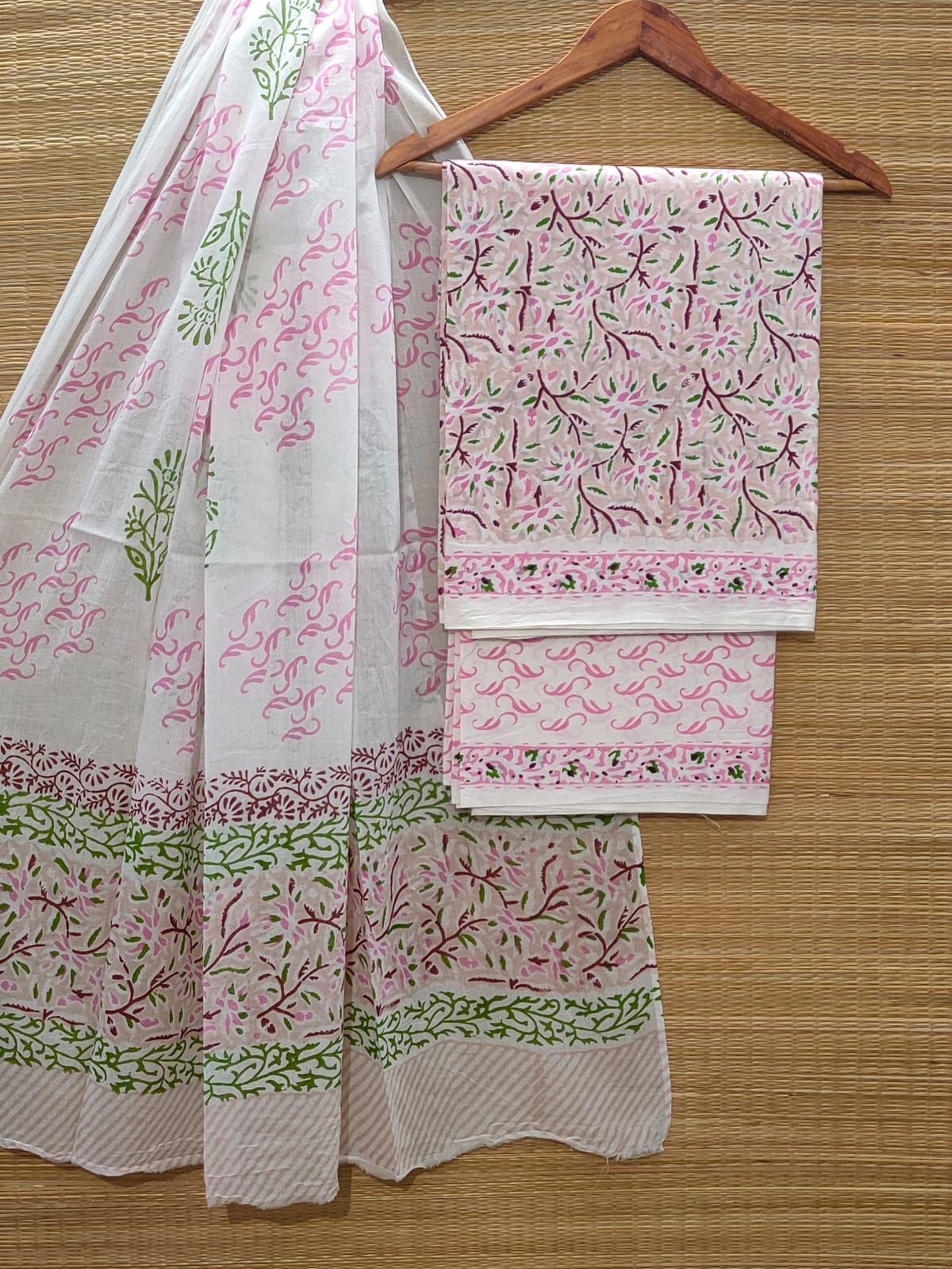 Pure Cotton Hand Block Unstitched Salwar Suit Set With Cotton/Mulmul Dupatta - JBOCM67
