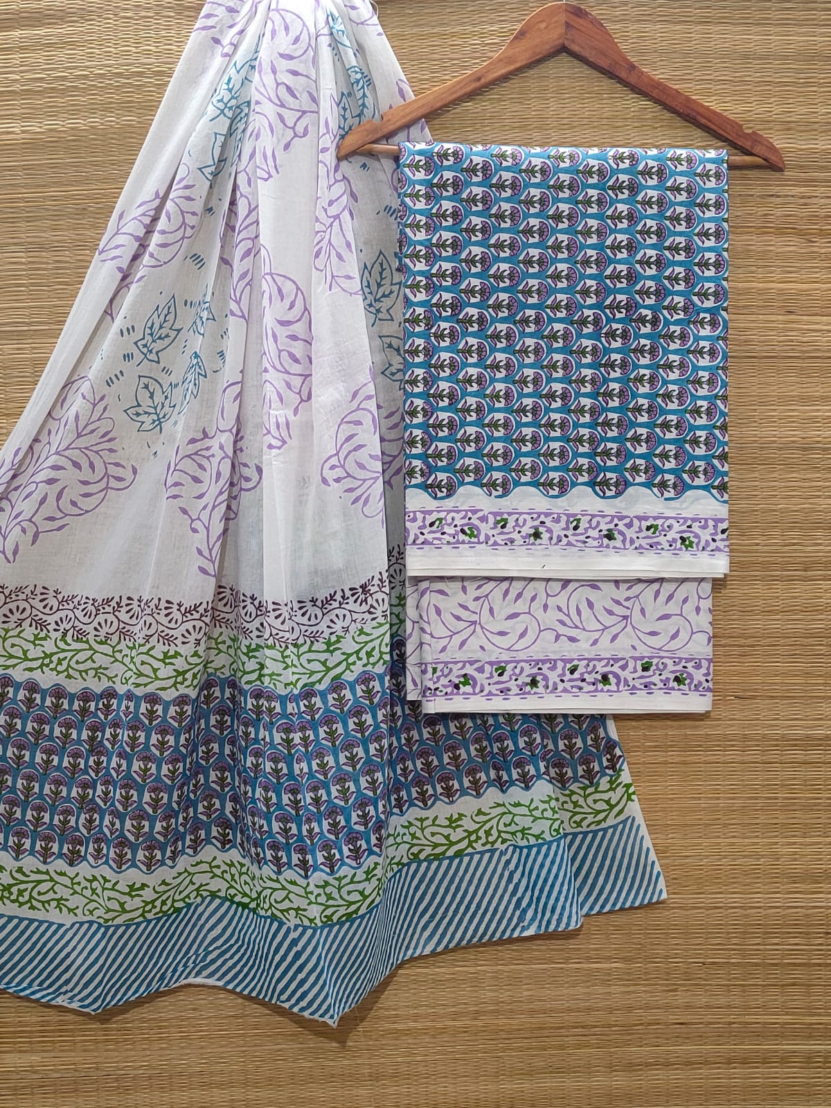 Pure Cotton Hand Block Unstitched Salwar Suit Set With Cotton/Mulmul Dupatta - JBOCM68