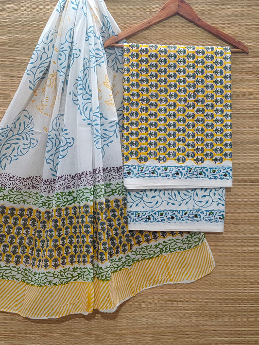 Pure Cotton Hand Block Unstitched Salwar Suit Set With Cotton/Mulmul Dupatta - JBOCM69