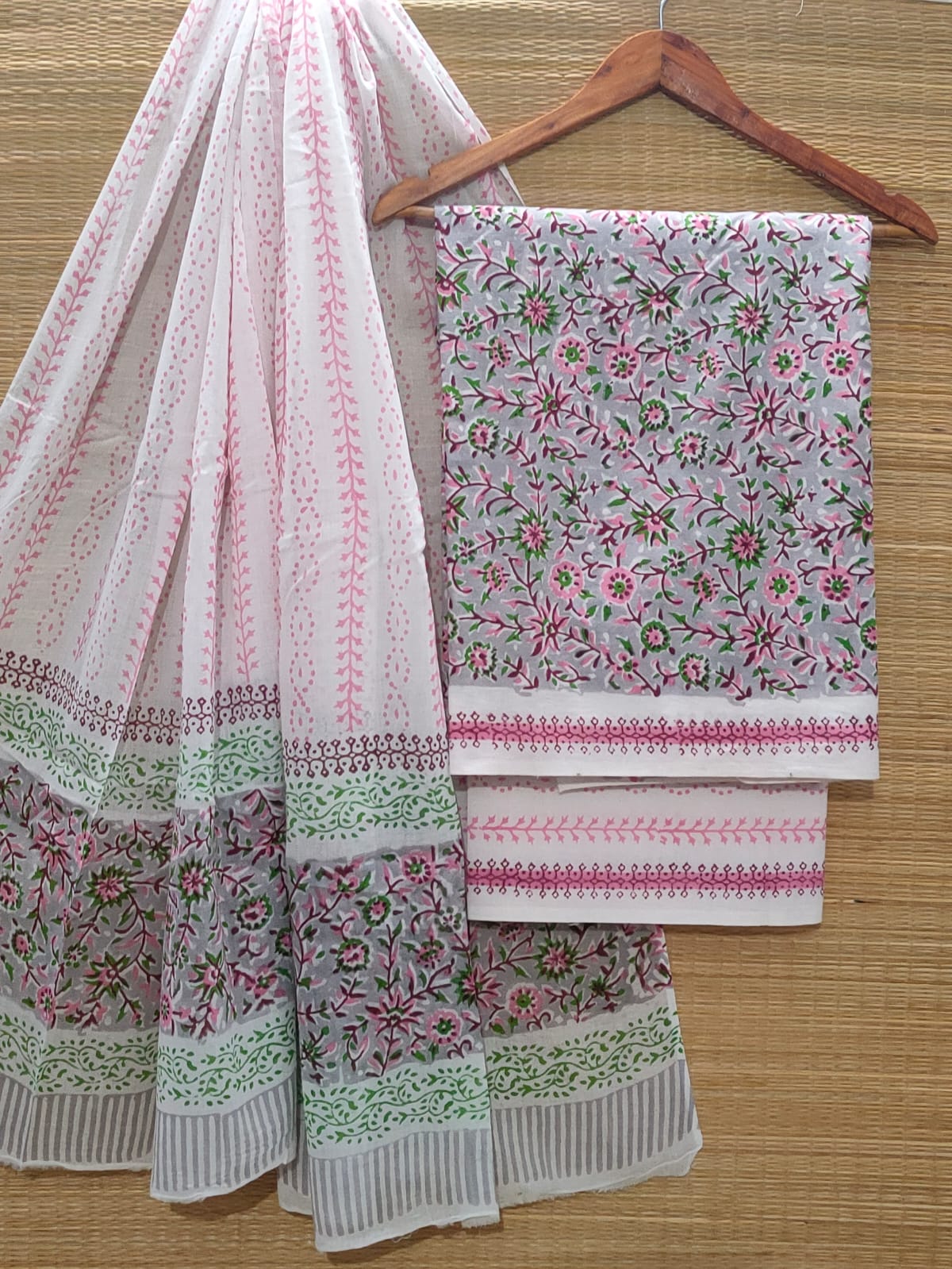 Pure Cotton Hand Block Unstitched Salwar Suit Set With Cotton/Mulmul Dupatta - JBOCM7