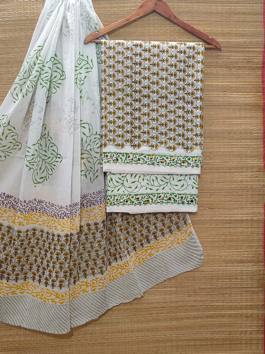 Pure Cotton Hand Block Unstitched Salwar Suit Set With Cotton/Mulmul Dupatta - JBOCM70