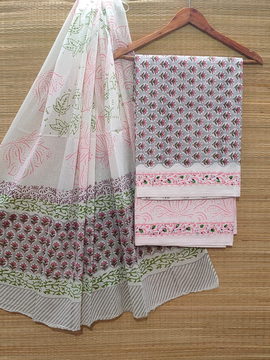 Pure Cotton Hand Block Unstitched Salwar Suit Set With Cotton/Mulmul Dupatta - JBOCM71