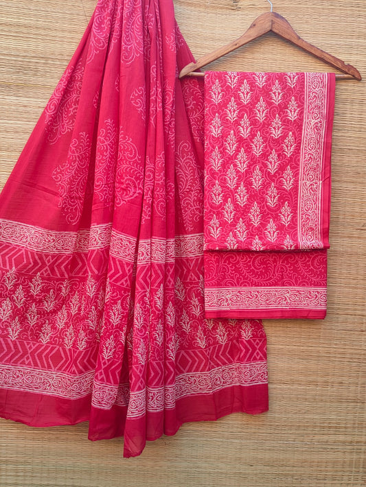 Pure Cotton Hand Block Unstitched Salwar Suit Set With Cotton/Mulmul Dupatta - JBOCM72