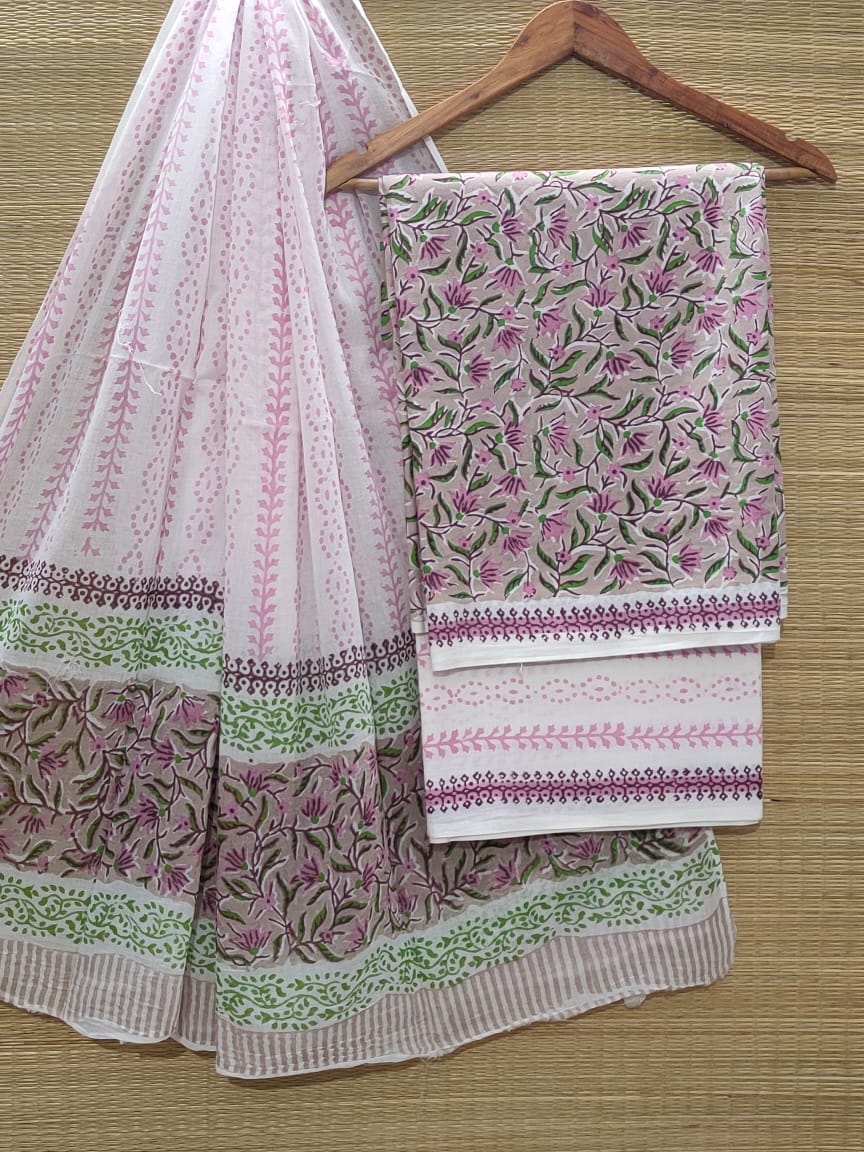 Pure Cotton Hand Block Unstitched Salwar Suit Set With Cotton/Mulmul Dupatta - JBOCM73