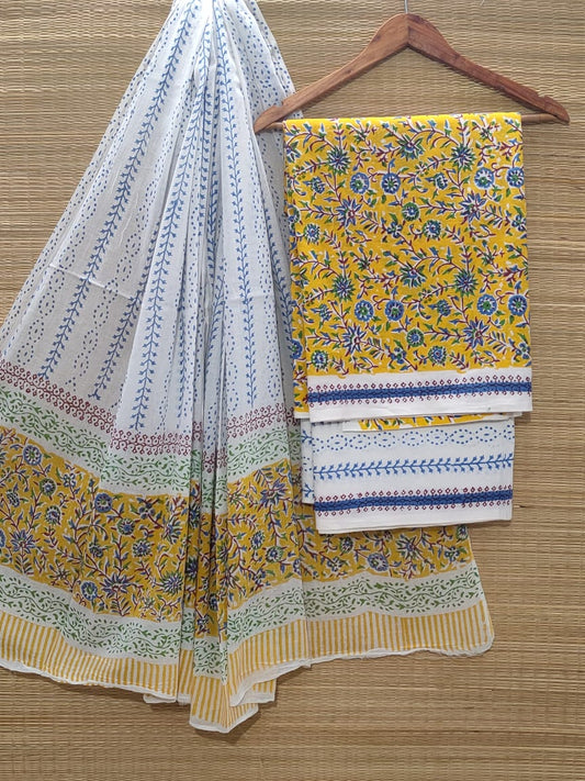 Pure Cotton Hand Block Unstitched Salwar Suit Set With Cotton/Mulmul Dupatta - JBOCM8