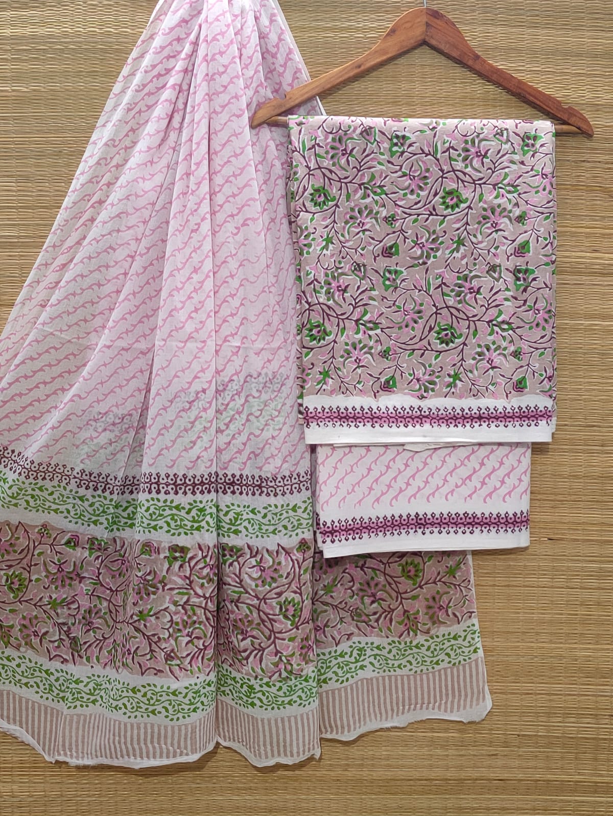 Pure Cotton Hand Block Unstitched Salwar Suit Set With Cotton/Mulmul Dupatta - JBOCM9