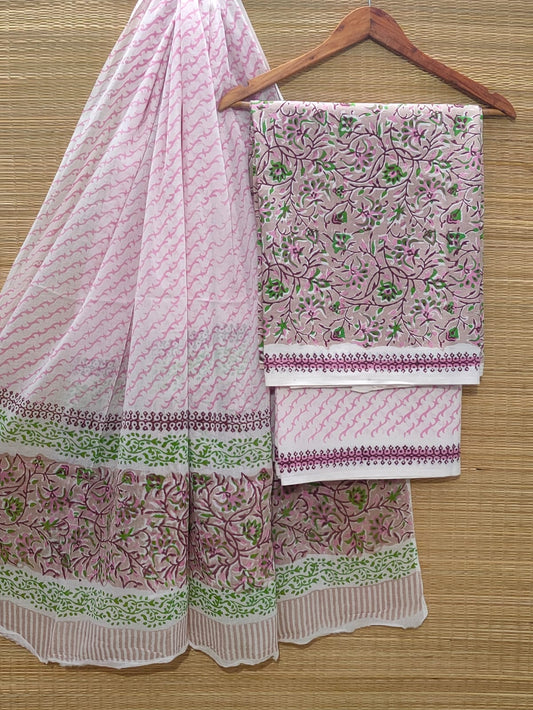 Pure Cotton Hand Block Unstitched Salwar Suit Set With Cotton/Mulmul Dupatta - JBOCM9