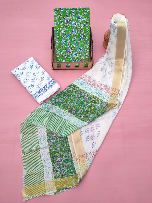Hand Block Printed Unstitched Cotton Suit Set With Chiffon Dupatta - JB601