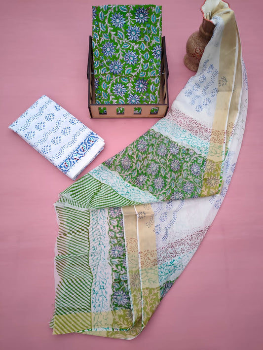 Hand Block Printed Unstitched Cotton Suit Set With Chiffon Dupatta - JB610