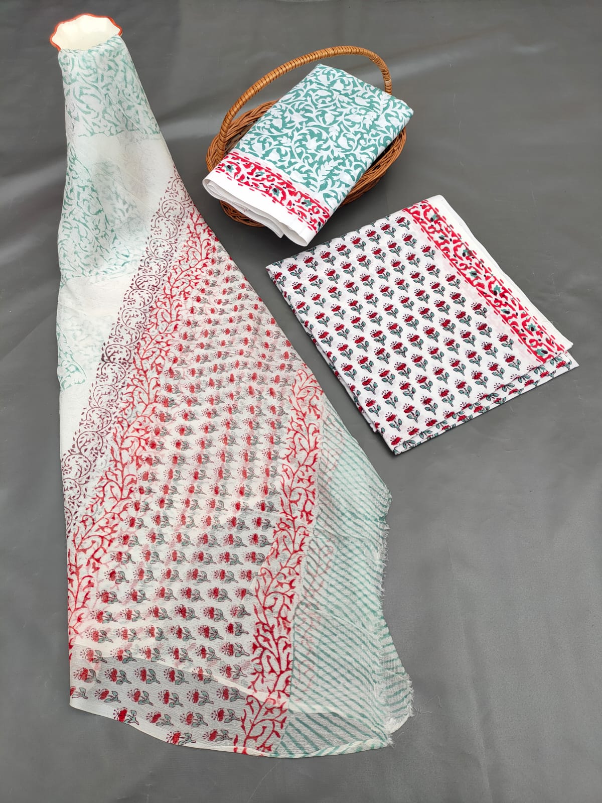 Hand Block Printed Unstitched Cotton Suit Set With Chiffon Dupatta - JB701