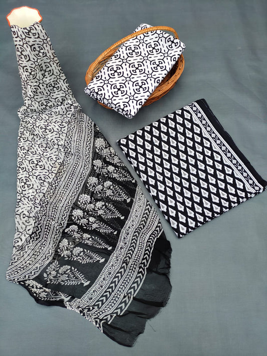 Jaipuri Hand Block Printed CottonUnstitched Salwar Suit with Chiffon Dupatta - JB702