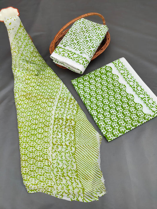 Jaipuri Unstitched Dress Material Hand Block Printed Cotton Suit With Chiffon Dupatta - JB704