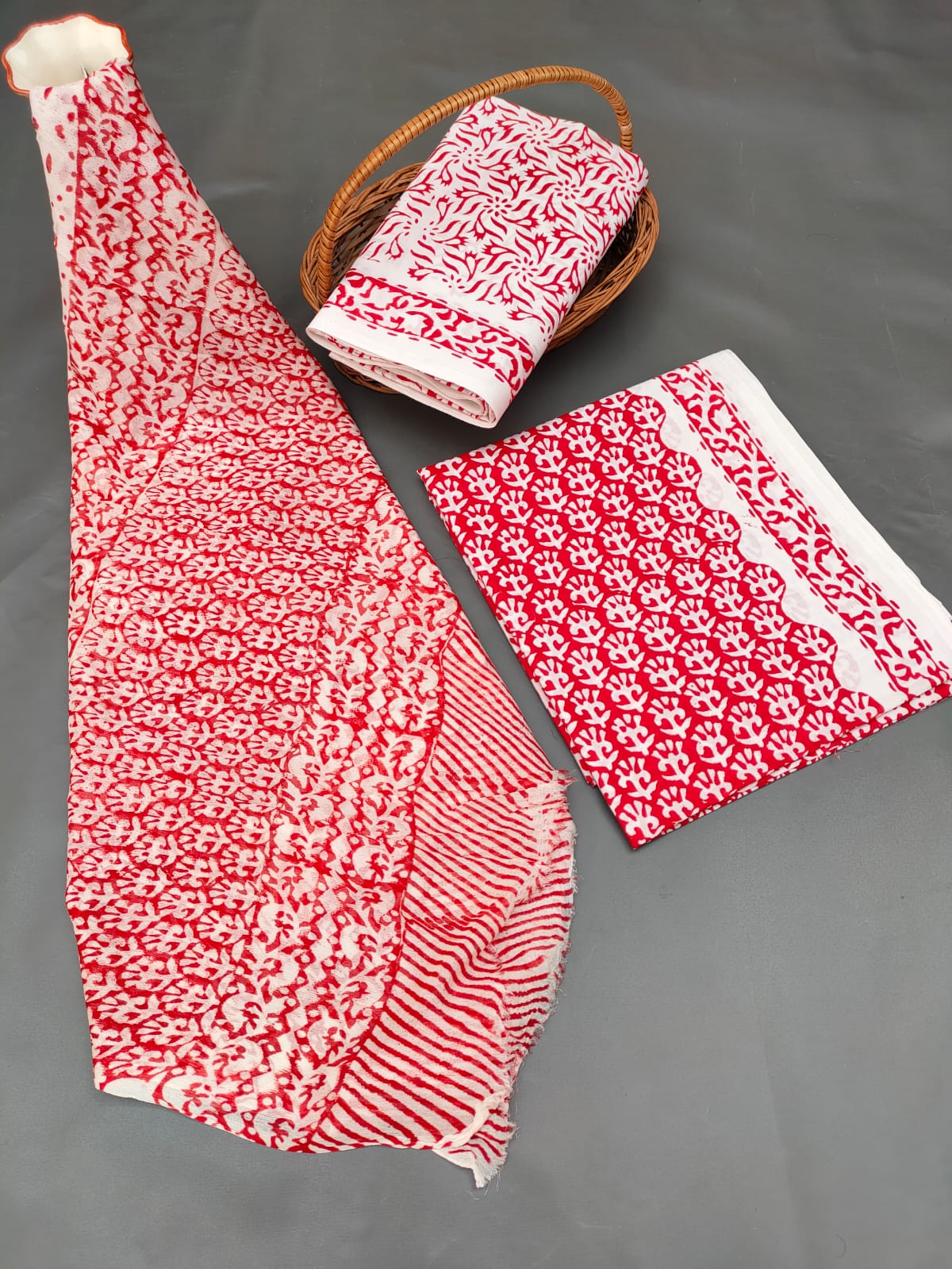 Hand Block Printed Unstitched Cotton Suit Set With Chiffon Dupatta - JB705