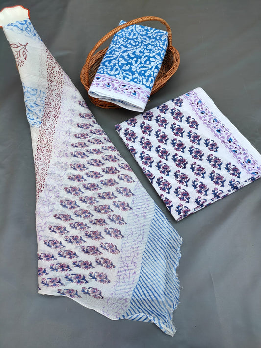 Jaipuri Unstitched Dress Material Hand Block Printed Cotton Suit With Chiffon Dupatta - JB707