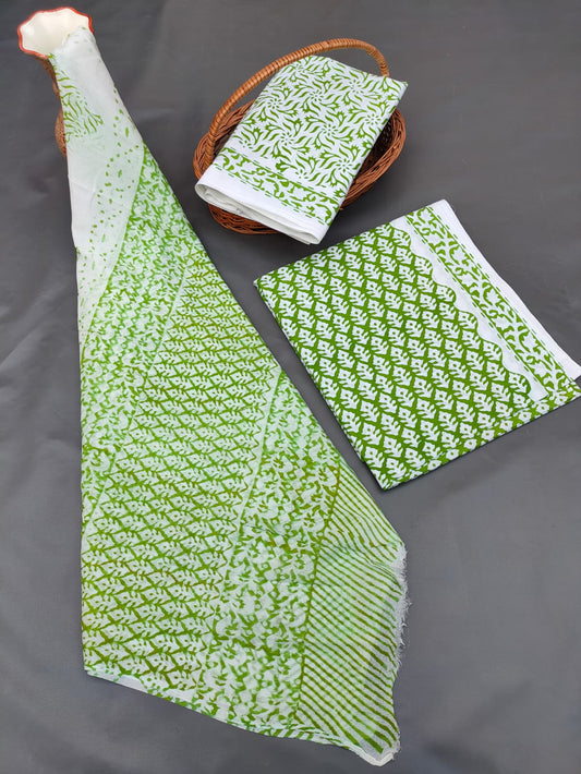 Hand Block Printed Unstitched Cotton Suit Set With Chiffon Dupatta - JB708