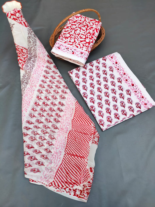 Jaipuri Hand Block Printed CottonUnstitched Salwar Suit with Chiffon Dupatta - JB709