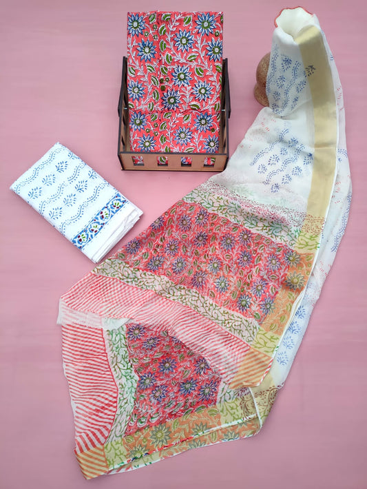 Jaipuri Hand Block Printed CottonUnstitched Salwar Suit with Chiffon Dupatta - JB611