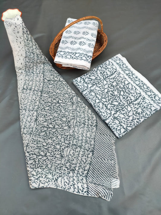 Jaipuri Unstitched Dress Material Hand Block Printed Cotton Suit With Chiffon Dupatta - JB710