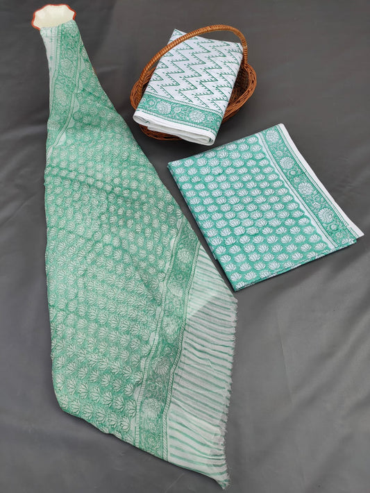 Jaipuri Hand Block Printed CottonUnstitched Salwar Suit with Chiffon Dupatta - JB712