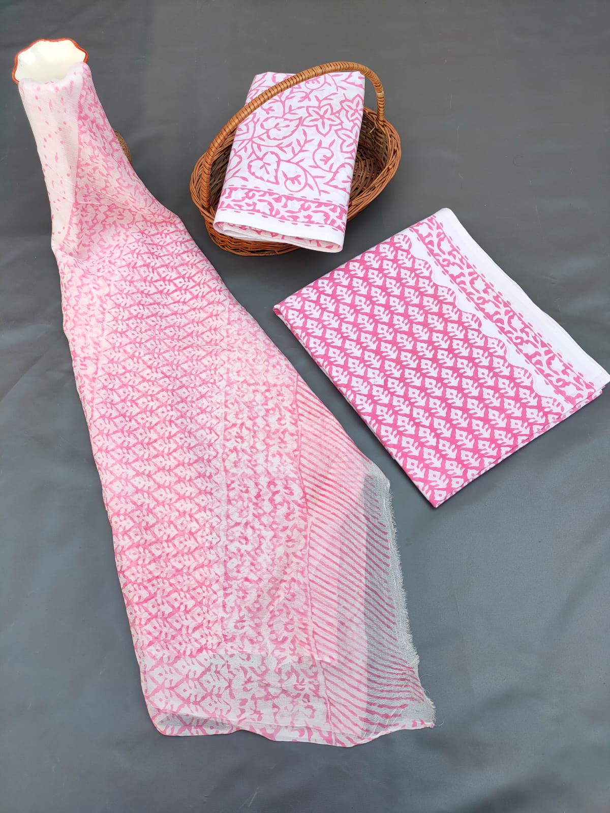 Jaipuri Unstitched Dress Material Hand Block Printed Cotton Suit With Chiffon Dupatta - JB713