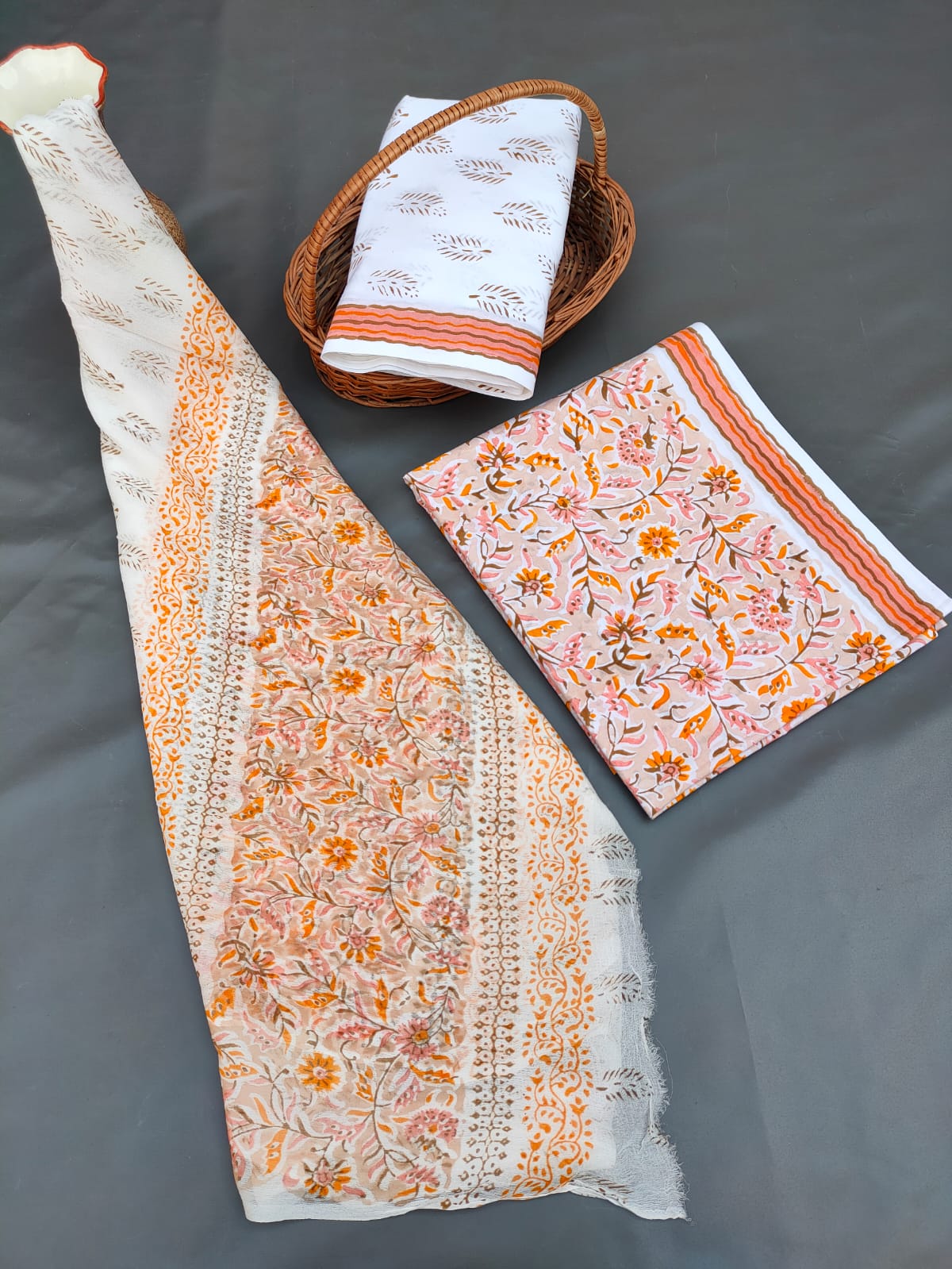 Hand Block Printed Unstitched Cotton Suit Set With Chiffon Dupatta - JB714