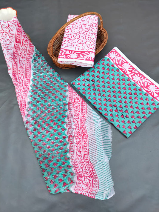Jaipuri Hand Block Printed CottonUnstitched Salwar Suit with Chiffon Dupatta - JB715