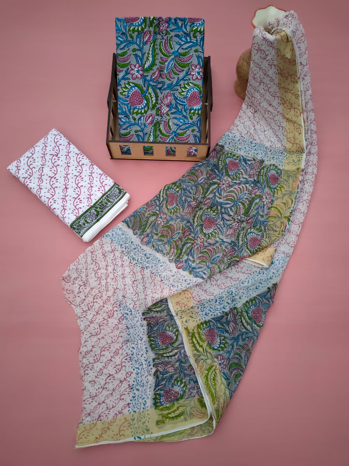 Jaipuri Unstitched Dress Material Hand Block Printed Cotton Suit With Chiffon Dupatta - JB612
