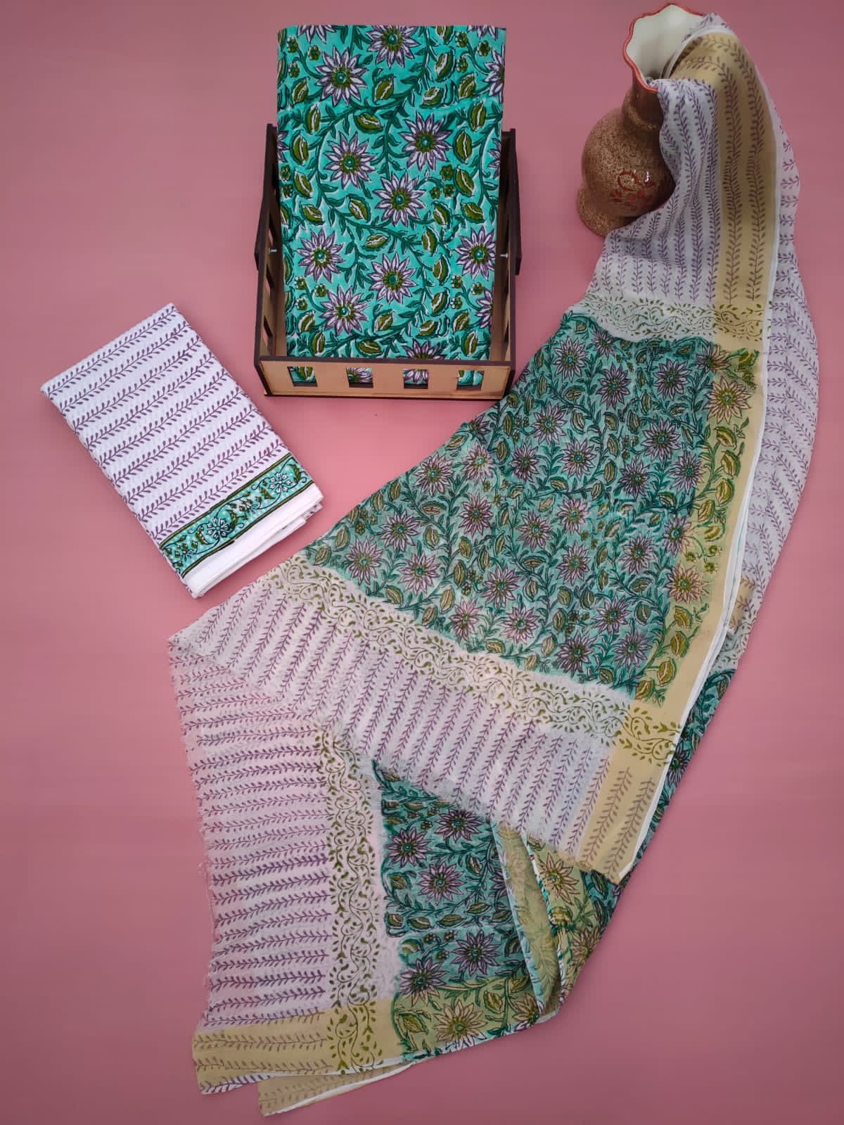 Hand Block Printed Unstitched Cotton Suit Set With Chiffon Dupatta - JB613