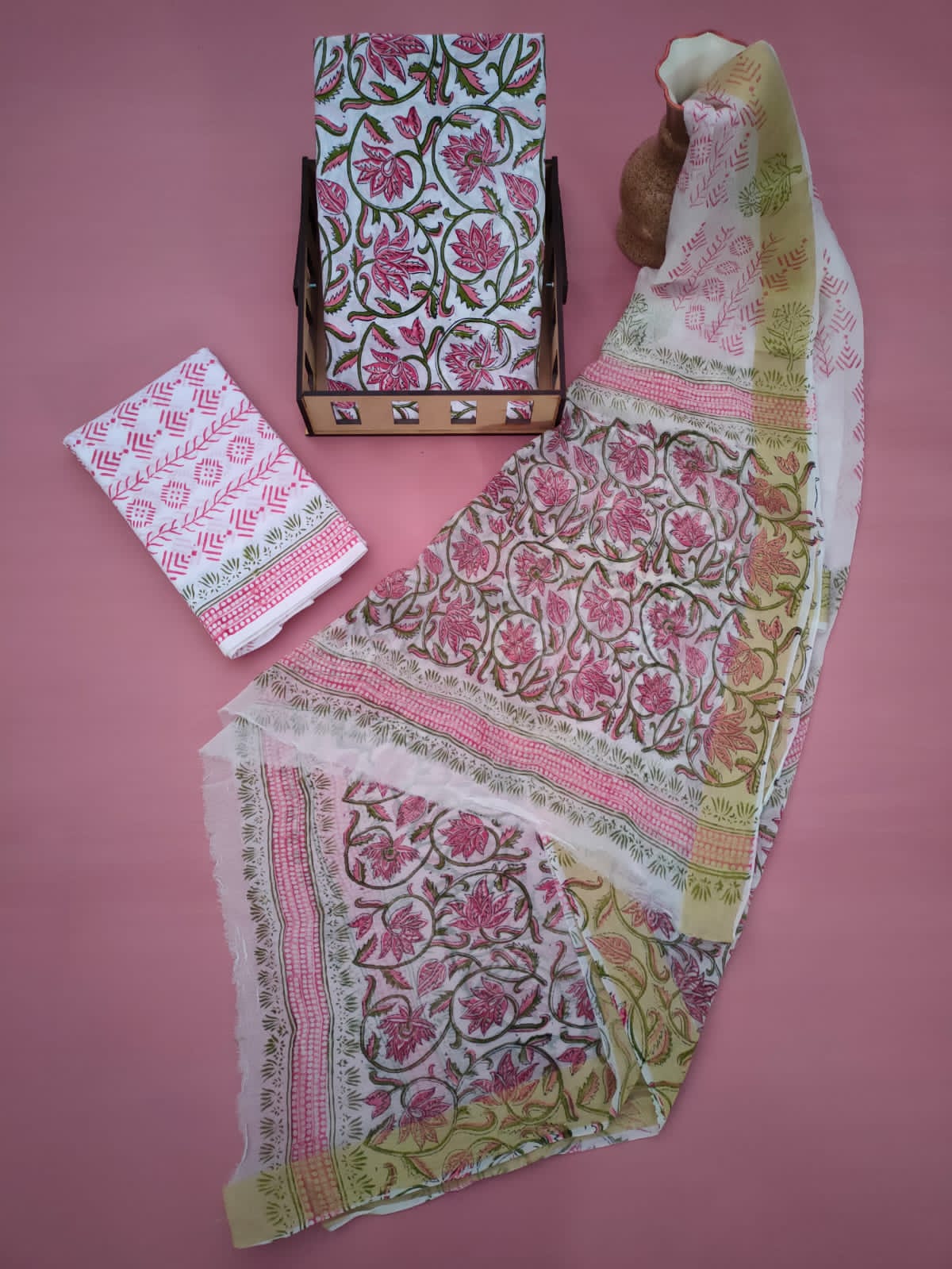 Jaipuri Unstitched Dress Material Hand Block Printed Cotton Suit With Chiffon Dupatta - JB615